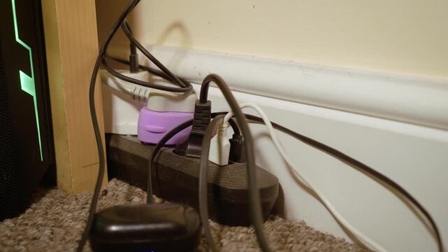 Power strip overloaded with chargers beside gaming PC tower. Multiple adapters and tangled cables collecting dust around computer workstation. Electrical safety concern, cable clutter, and unmanaged