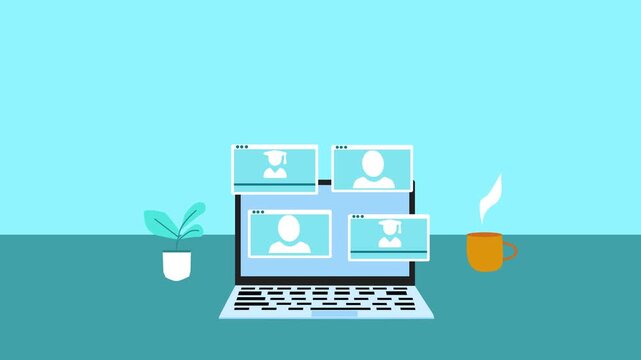 Flat animation of a laptop on a desk showing four video call windows, with a plant pot on left and a steaming mug on right, minimal modern style animation