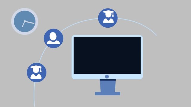 Flat-style animation of a desktop monitor with user and student icons
