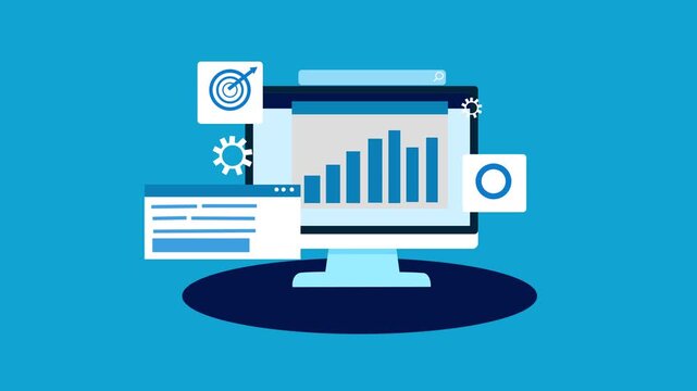 Flat-style animation of a computer monitor displaying a rising bar chart with surrounding UI elements