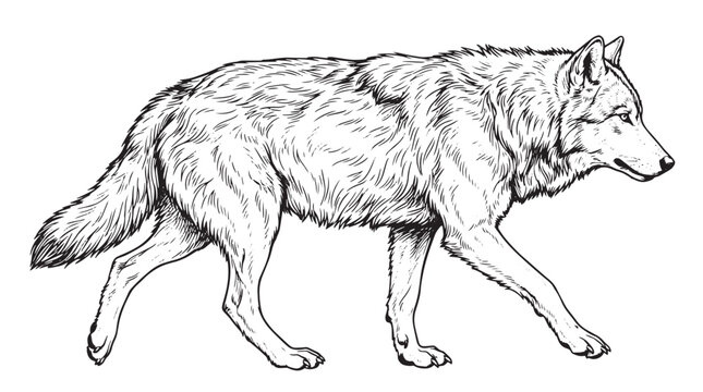 Vintage wolf sketch illustration, hand drawn timber wolf walking profile, black and white wildlife predator vector art for nature branding