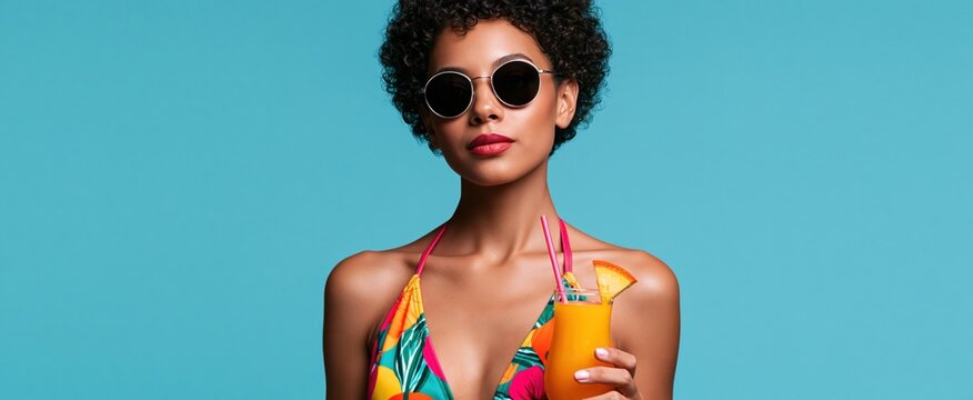 Confident woman in colorful swimwear and sunglasses holding a tropical drink in a bright summer setting.