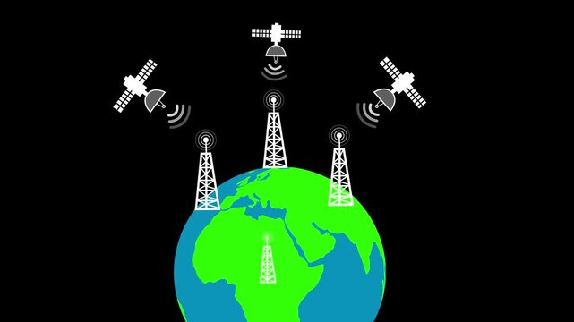 Stylized animation of earth with communication towers and three orbiting satellites sending signals