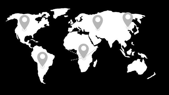 Stylized flat world map location pins connected dotted lines converging animation