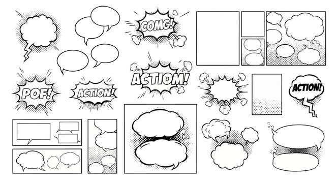 A collection of hand-drawn comic book elements including speech bubbles, thought clouds, action exclamations, and blank panels.