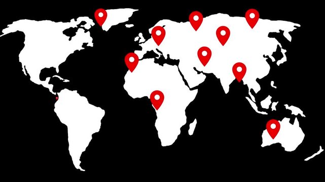 Simplified world map location pins marking various continents animation