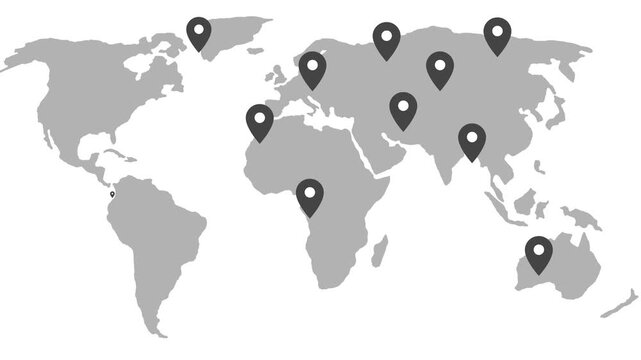 Simplified world map location pins marking various continents animation