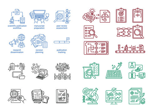 Scientific publication workflow vector icon set, manuscript preparation and peer review assessment, research dissemination and publication planning