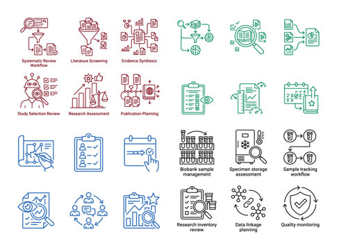 Scientific Research Workflow Icons, a comprehensive vector collection for systematic review and literature screening processes. Evidence synthesis and publication planning
