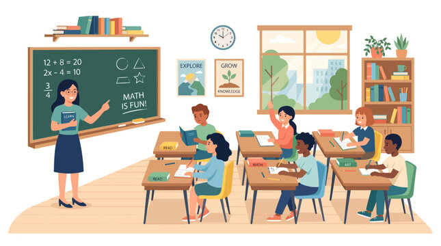 a digital illustration depicting children in a classroom setting, styled similarly to stock vector art.