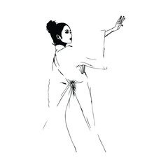 Obraz premium Elegant Traditional Asian Woman in Flowing Robe Line Art Illustration