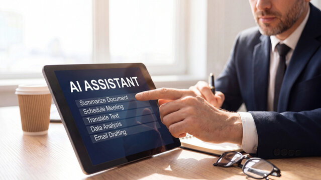 AI assistant productivity tool for business document summarizing meeting scheduling text translation data analysis and email drafting in corporate digital workflow automation