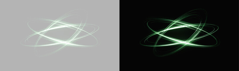 green neon orbit rings side by side on gray and black background, realistic glowing atomic energy lines split screen overlay © Maxim