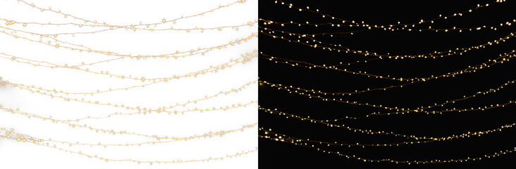 Fototapeta premium gold glitter garland lines side by side on white and black background, realistic glowing sparkle fairy lights split screen overlay