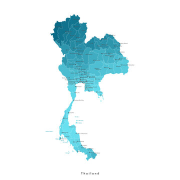 Vector isolated illustration. Simplified administrative business map of Thailand. Blue shapes of Thai provinces. Names of big cities. White background
