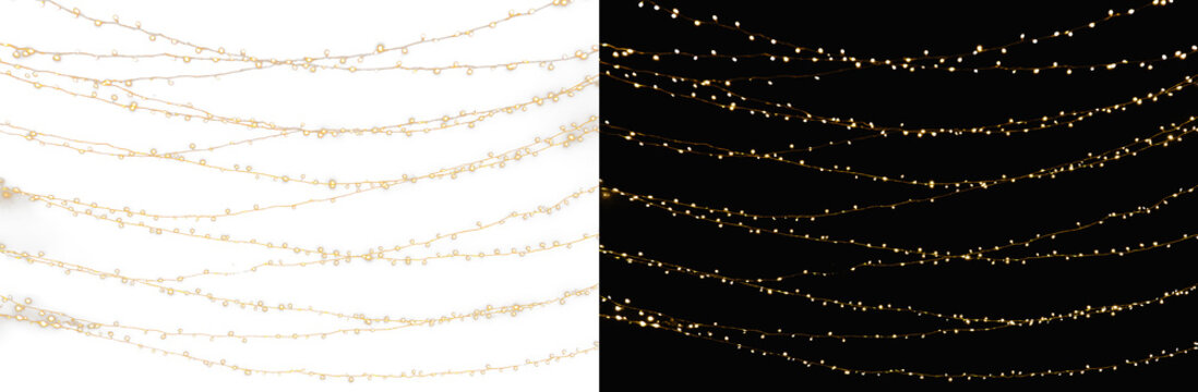 gold glitter garland lines side by side on white and black background, realistic glowing sparkle fairy lights split screen overlay