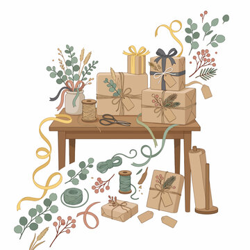 Gifts wrapped in brown paper ribbons.