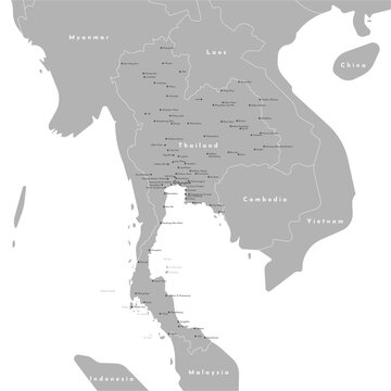 Vector illustration. Simplified map of Thailand. Border with nearest states Myanmar, Laos, Cambodia. Grey background. Names of Thai big cities