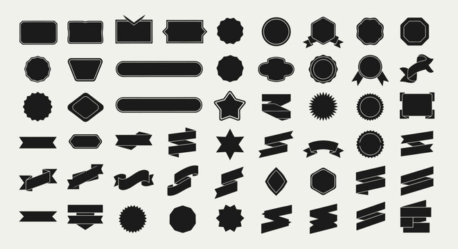 Collection of vintage stamp shapes, ribbons, and badges on a light background