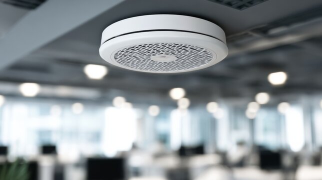 Medium shot of smart sensor vent in office ceiling main vent in crisp focus blurred background showing modern workspace ambiance.
