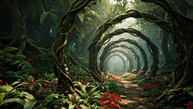 Enchanting tunnel of intertwined vines and trees in a lush jungle