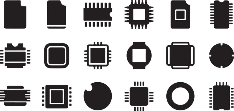 Black circuit board icons, electronic chip symbols, microchip logos, 20 vector graphics