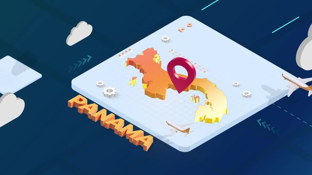 Isometric 3D Render of Panama Map with Red Location Pin Pointer and Floating Airplanes