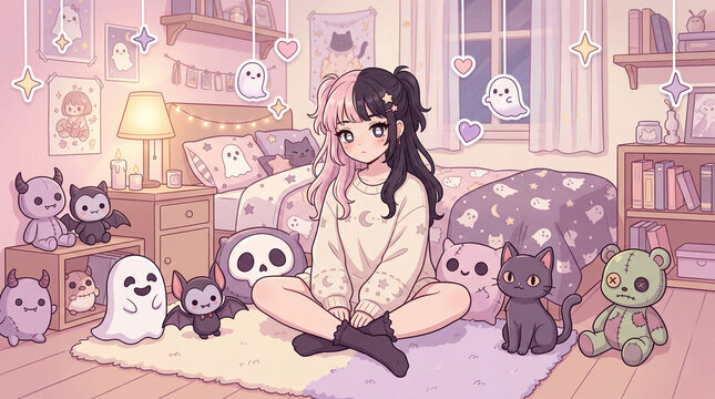 Kawaii anime girl sitting in a pastel bedroom surrounded by plush toys for wallpaper and poster design
