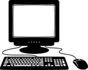 Fototapeta premium Black and white silhouette illustration of a desktop computer set.