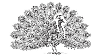 Vintage peacock engraving with fanned tail feathers, ornate bird illustration in black and white, elegant peacock vector for coloring or logo design © Toqeer