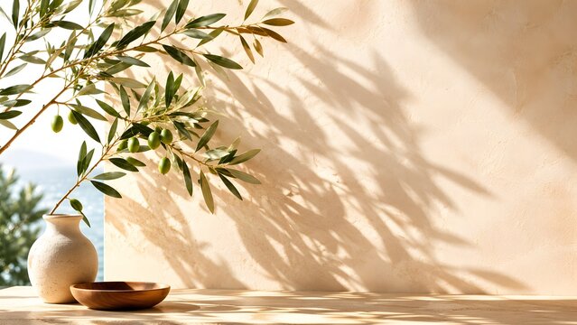 Modern summer minimal of olive tree branch in sunlight with long shadows on beige wall background, copy space interior lifestyle Mediterranean scene, Copy Space