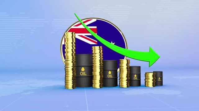 Australia Oil Prices Decline with Oil Barrels, Gold Coins and Downward Green Arrow, 3D Economic and Financial Market Concept