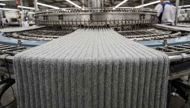 Wide medium shot capturing heavy rib knitting process emphasizing thick durable ribbed fabric designed for robust cuffs and waistbands in outerwear.