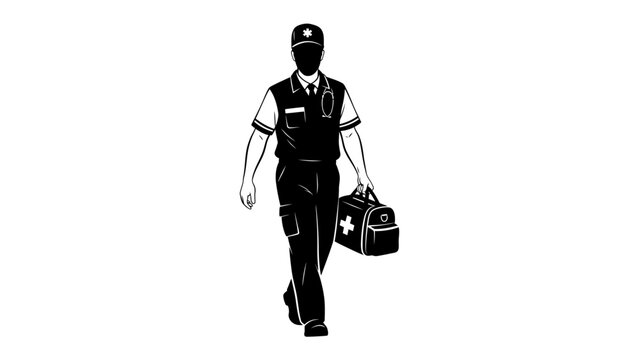 Paramedic En Route: A silhouette of a paramedic strides purposefully, carrying a medical bag, ready to provide aid. Capturing the essence of emergency response and healthcare dedication.