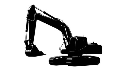 Black Excavator Silhouette: A striking black silhouette of an excavator stands ready for action, its powerful arm extended, conveying strength and industrial capability. © mojahedh