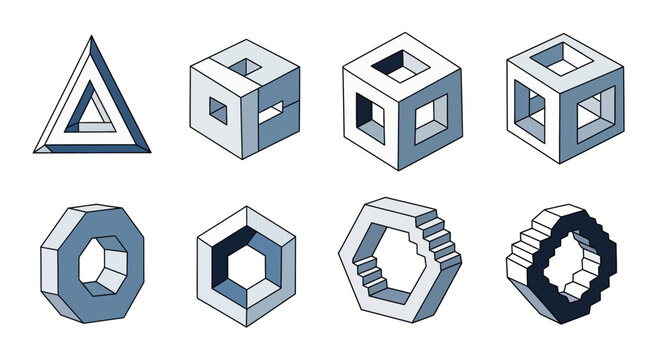 Geometric optical illusion shapes, abstract 3D forms, impossible objects
