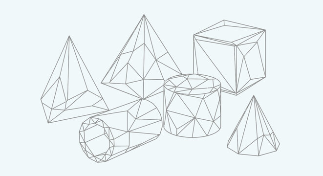 Wireframe Geometric Shapes: Cubes, Pyramids, Cylinders