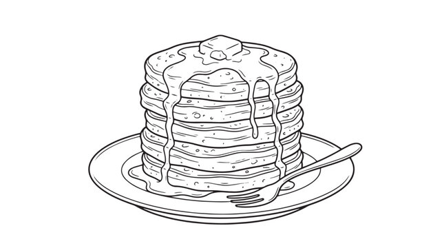 Hand drawn pancake stack vector illustration, breakfast pancakes with maple syrup and butter on a plate, coloring book style food line art