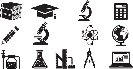 Fototapeta premium Education icons, school symbols, science graphics, 13 vector illustrations