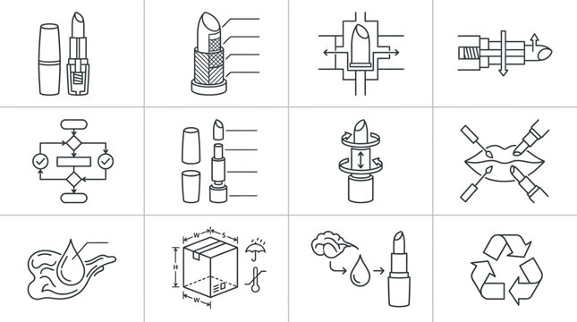 Technical diagrams for lipstick manufacturing and structure.