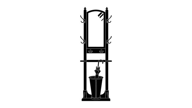 Vintage Hall Tree with Mirror and Umbrella Stand: A classic black hall tree featuring a full-length mirror, coat hooks, and an integrated umbrella stand.