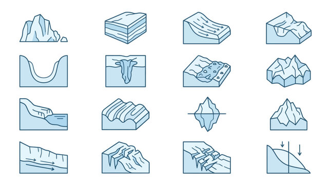 Valley glacier and canyon landform line icons.