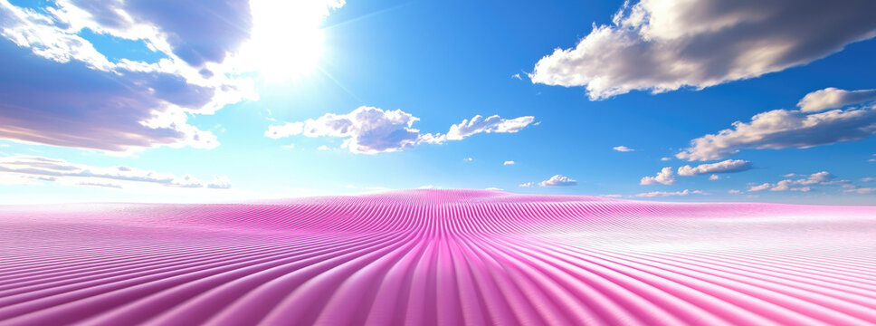 Abstract Pink Landscape with Swirling Patterns Under a Bright Blue Sky with Sun and Clouds