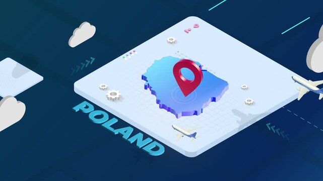 Isometric 3D Render of Poland Map with Red Location Pin Pointer and Floating Airplanes
