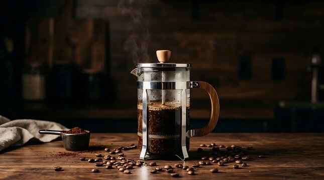 Hot French Press Filled With Dark Coffee