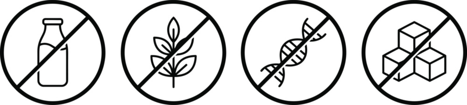 icons of prohibited milk, plants, genetic modification, and cubes