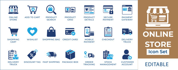 Online store icon set featuring e-commerce shopping cart, mobile digital payment, product search, delivery truck tracking, order checklist, and secure checkout symbols. © icon_solution