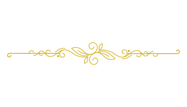 Elegant golden flourish divider line with leaves and scrolls, isolated on transparent background