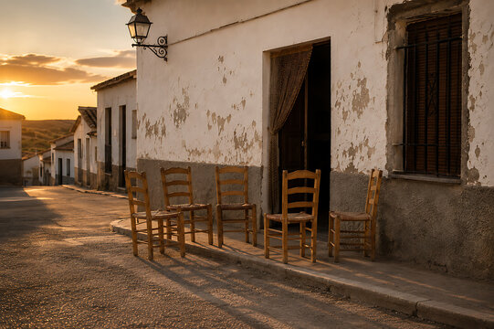 Empty chairs in a rural Spanish village &ndash; symbol of depopulation and aging population