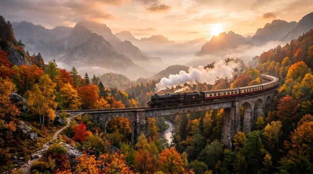 A vintage steam train puffs white smoke as it crosses a massive stone viaduct bridge winding through a breathtaking mountain valley during autumn sunset